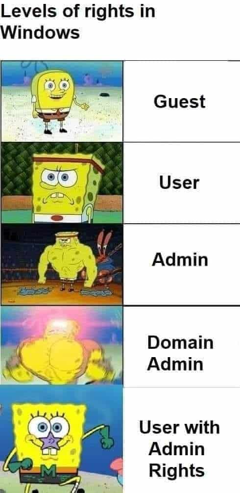 Levels of rights in Windows Guest User Admin Domain Admin User with Admin Rights