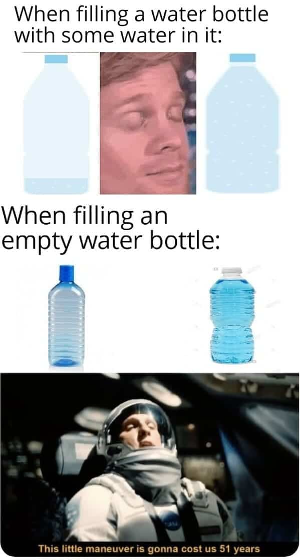 When filling a water bottle with some water in it: When filling an empty water bottle: