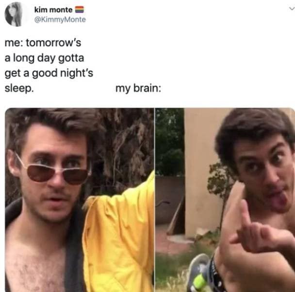 me: tomorrow's a long day gotta get a good night's sleep. my brain: