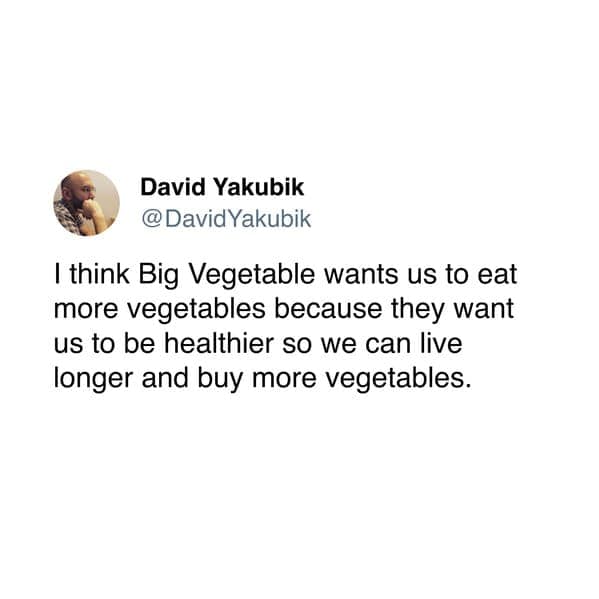 I think Big Vegetable wants us to eat more vegetables because they want us to be healthier so we can live longer and buy more vegetables.