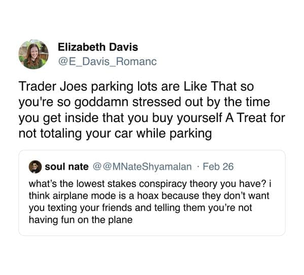 Trader Joes parking lots are Like That so you're so goddamn stressed out by the time you get inside that you buy yourself A Treat for not totaling your car while parking soul nate