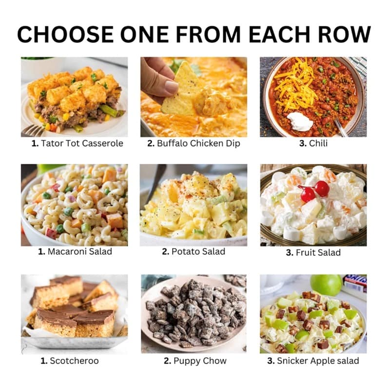 CHOOSE ONE FROM EACH ROW 1. Tator Tot Casserole 2. Buffalo Chicken Dip 3. Chili