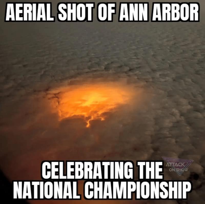 AERIAL SHOT OF ANN ARBOR CELEBRATING THE ANACK ON SHON NATIONAL CHAMPIONSHIP