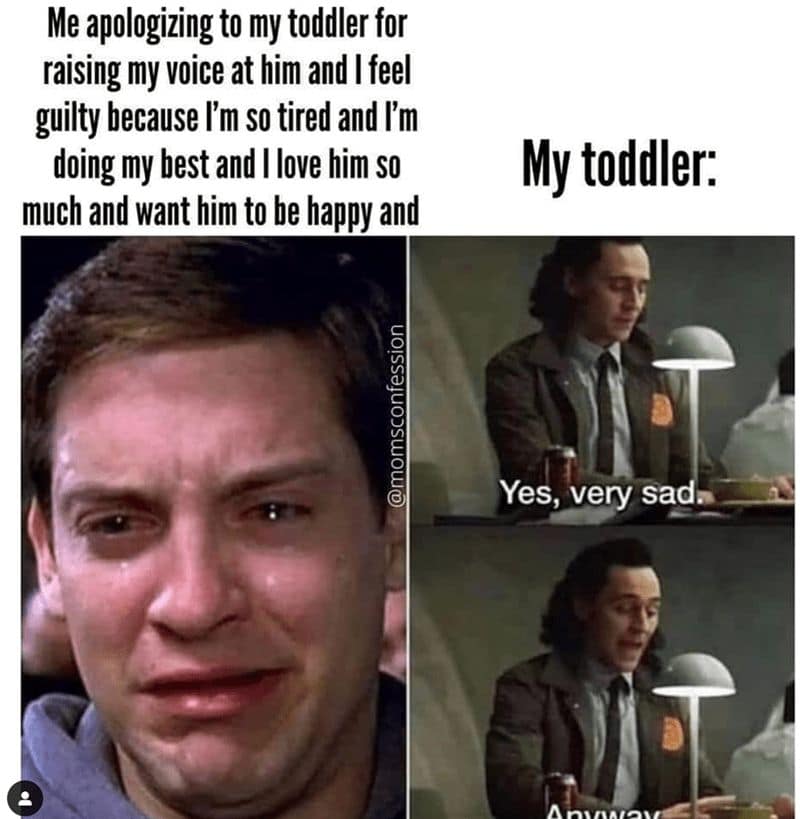 Me apologizing to my toddler for raising my voice at him and I feel guilty because I'm so tired and I'm doing my best and I love him so much and want him to be happy and