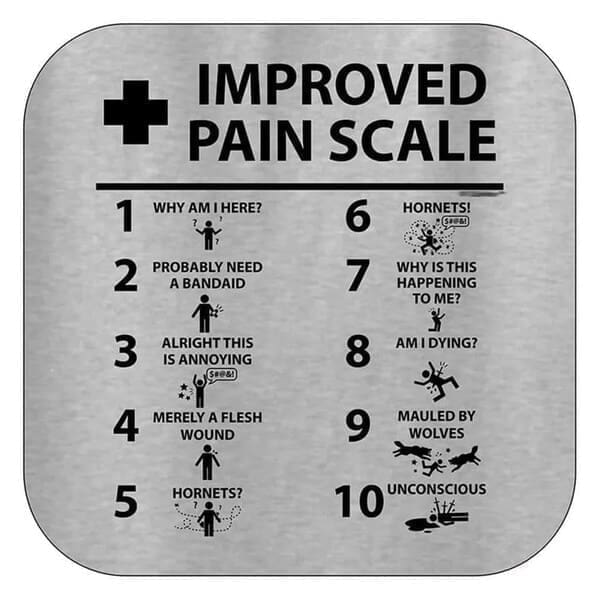 Nursing memes  IMPROVED PAIN SCALE 1 WHY AM I HERE? 6 HORNETS! 2 PROBABLY NEED A BANDAID 7 WHY IS THIS HAPPENING TO ME? 3 ALRIGHT THIS IS ANNOYING SIes 8 AMI DYING? 4 MERELY A FLESH WOUND 9 MAULED BY WOLVES 5 HORNETS? 10 UNCONSCIOUS