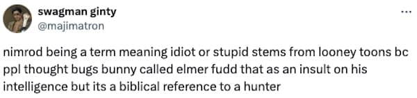 nimrod being a term meaning idiot or stupid stems from looney toons bc ppl thought bugs bunny called elmer fudd that as an insult on his intelligence but its a biblical reference to a hunter