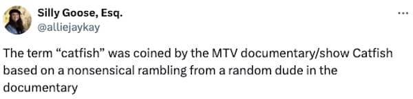 The term "catfish" was coined by the MTV documentary/show Catfish based on a nonsensical rambling from a random dude in the documentary