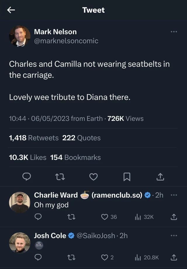 Scottish twitter Charles and Camilla not wearing seatbelts in the carriage. Lovely wee tribute to Diana there.