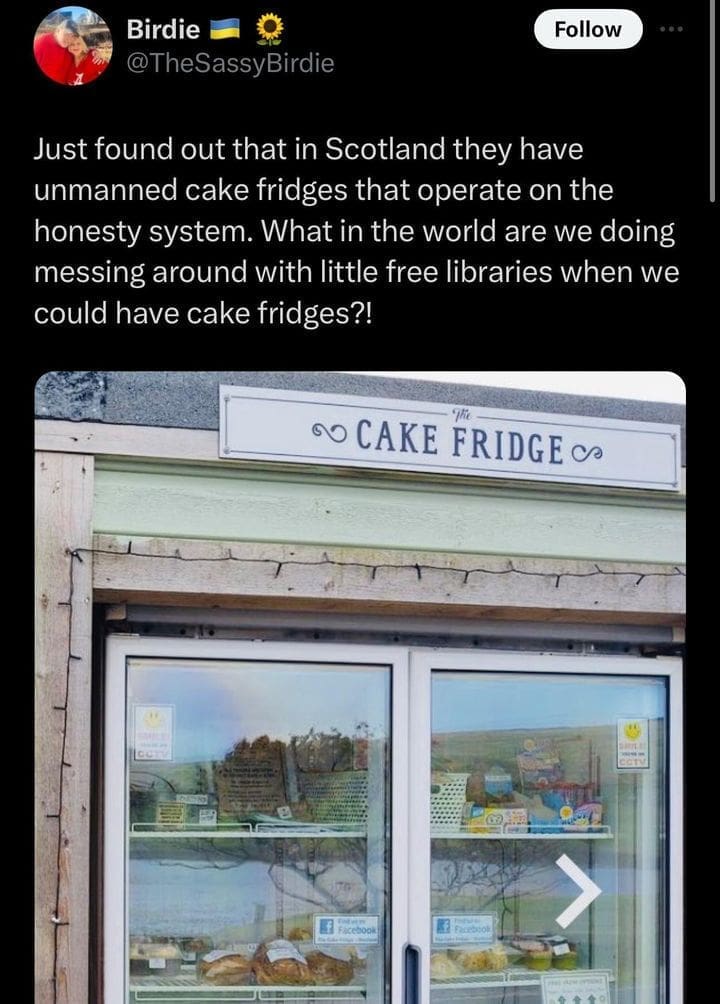 Scottish twitter Just found out that in Scotland they have unmanned cake fridges that operate on the honesty system. What in the world are we doing messing around with little free libraries when we could have cake fridges?!