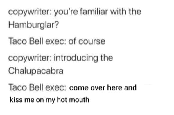 copywriter: you're familiar with the Hamburglar? Taco Bell exec: of course copywriter: introducing the Chalupacabra Taco Bell exec: come over here and kiss me on my hot mouth