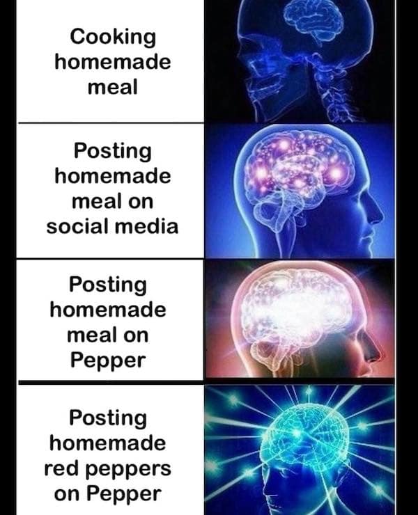 Cooking homemade meal Posting homemade meal on social media Posting homemade meal on Pepper Posting homemade red peppers on Pepper