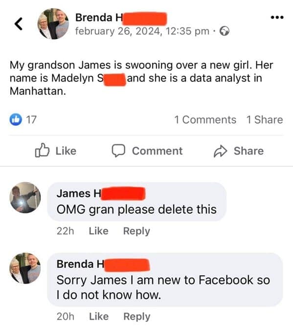 My grandson James is swooning over a new girl. Her name is Madelyn S and she is a data analyst in Manhattan.