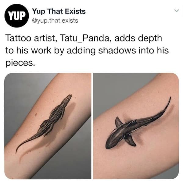 Tattoo artist, Tatu_Panda, adds depth to his work by adding shadows into his pieces.