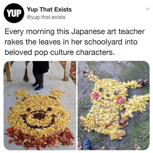Every morning this Japanese art teacher rakes the leaves in her schoolyard into beloved pop culture characters.