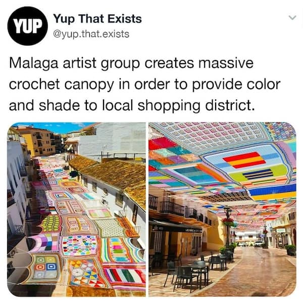 Malaga artist group creates massive crochet canopy in order to provide color and shade to local shopping district.