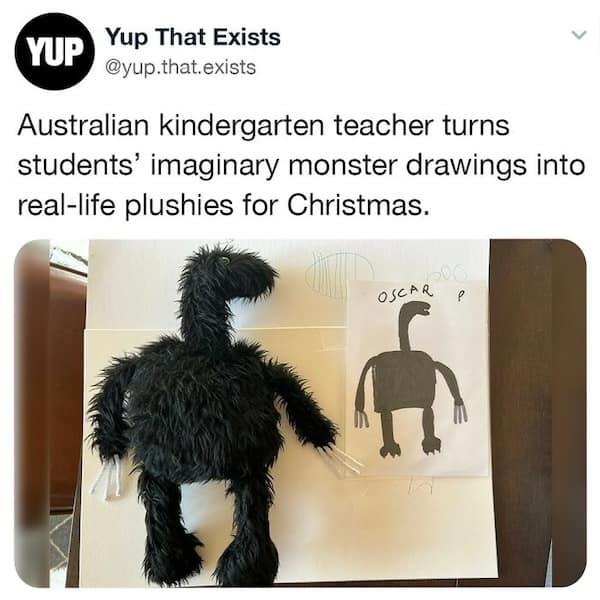 Australian kindergarten teacher turns students' imaginary monster drawings into real-life plushies for Christmas.