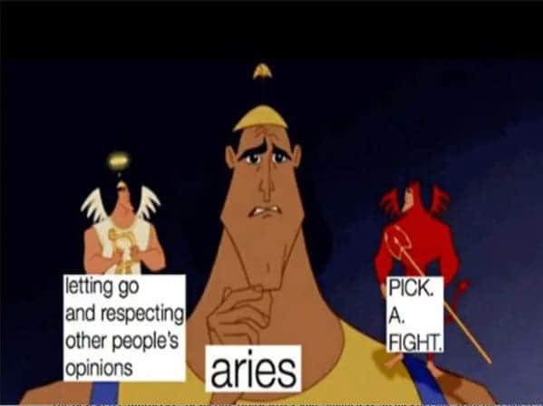 letting go and respecting other people's opinions aries PICK. A. FIGHT.