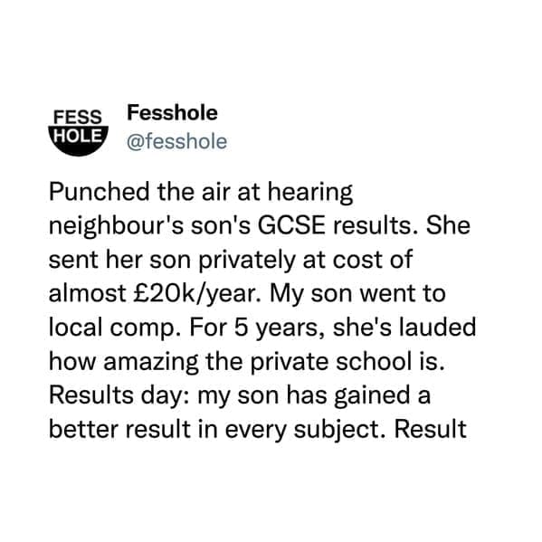 @fesshole Punched the air at hearing neighbour's son's GCSE results. She sent her son privately at cost of almost £20k/year. My son went to local comp. For 5 years, she's lauded how amazing the private school is. Results day: my son has gained a better result in every subject. Result