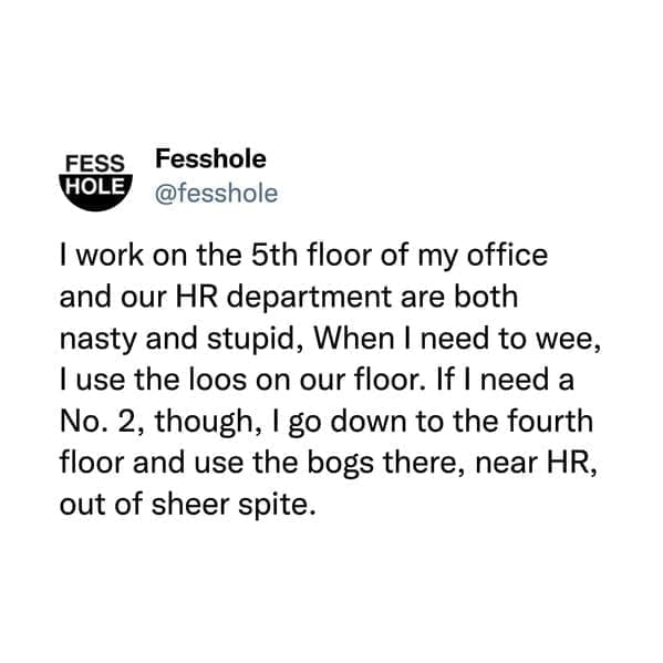 I work on the 5th floor of my office and our HR department are both nasty and stupid, When I need to wee, I use the loos on our floor. If I need a No. 2, though, I go down to the fourth floor and use the bogs there, near HR, out of sheer spite.