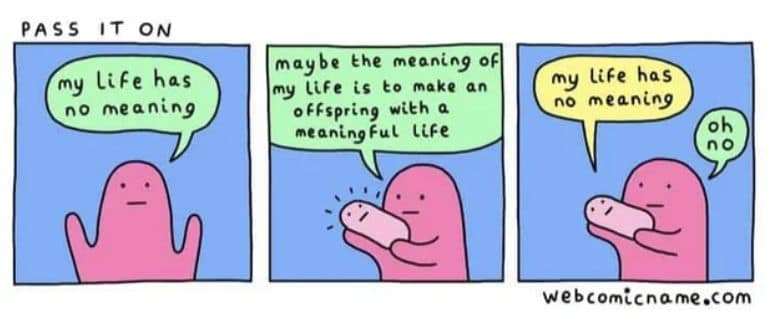 my Life has no meaning maybe the meaning of my life is to make an offspring with a meaningful LiFe my life has no meaning