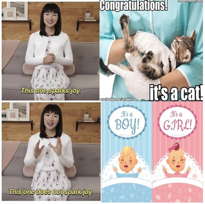 congratulations! This one sparks joy: It'sa BOY! it'sa cat It's a GIRL!