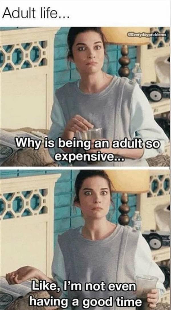 Adult life... @Everydayproblems Why is being an adult so expensive... 5 Like, I'm not even having a good time