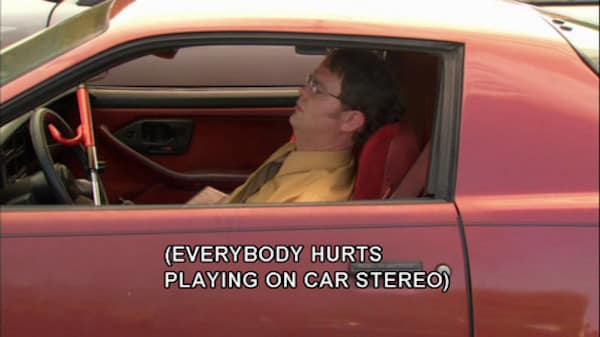 (EVERYBODY HURTS PLAYING ON CAR STEREO)