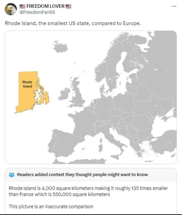 Rhode Island is 4,000 square kilometers making it roughly 135 times smaller than France which is 550,000 square kilometers
