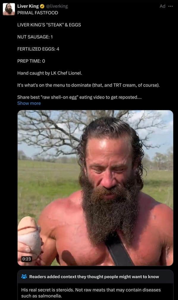 His real secret is steroids. Not raw meats that may contain diseases such as salmonella.