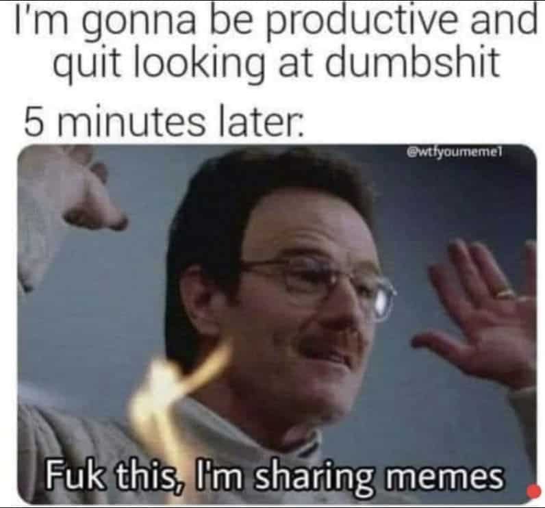 I'm gonna be productive and quit looking at dumbshit 5 minutes later: