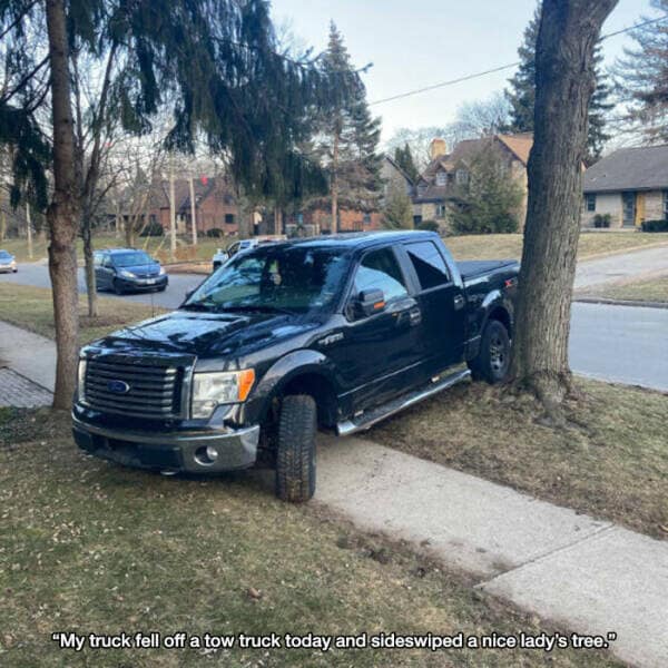 "My truck fell off a tow truck today and sideswiped a nice lady's tree."