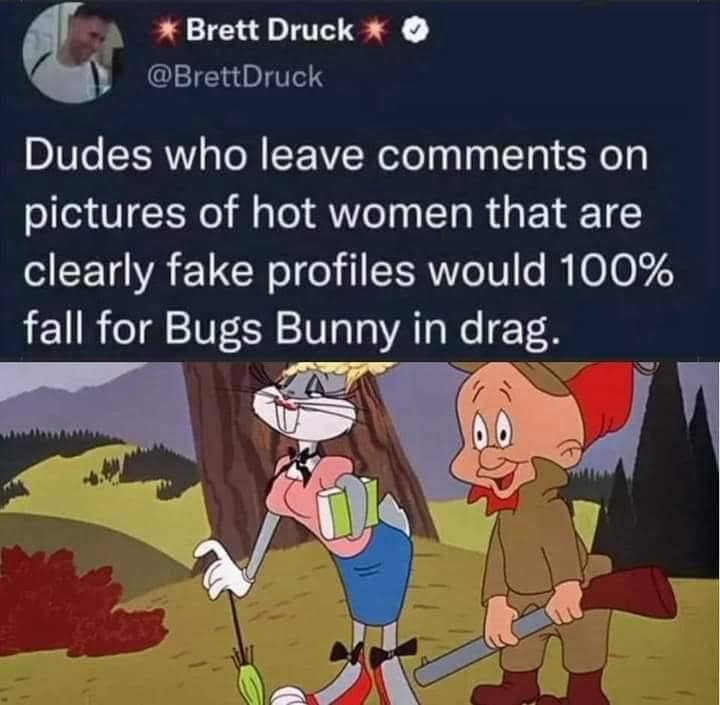 Dudes who leave comments on pictures of hot women that are clearly fake profiles would 100% fall for Bugs Bunny in drag.