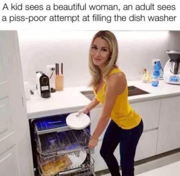 A kid sees a beautiful woman, an adult sees a piss-poor attempt at filling the dish washer