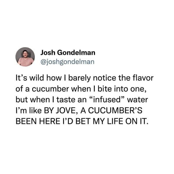 It's wild how I barely notice the flavor of a cucumber when I bite into one, but when I taste an "infused" water I'm like BY JOVE, A CUCUMBER'S BEEN HERE I'D BET MY LIFE ON IT.