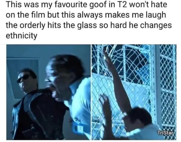 This was my favourite goof in T2 won't hate on the film but this always makes me laugh the orderly hits the glass so hard he changes ethnicity