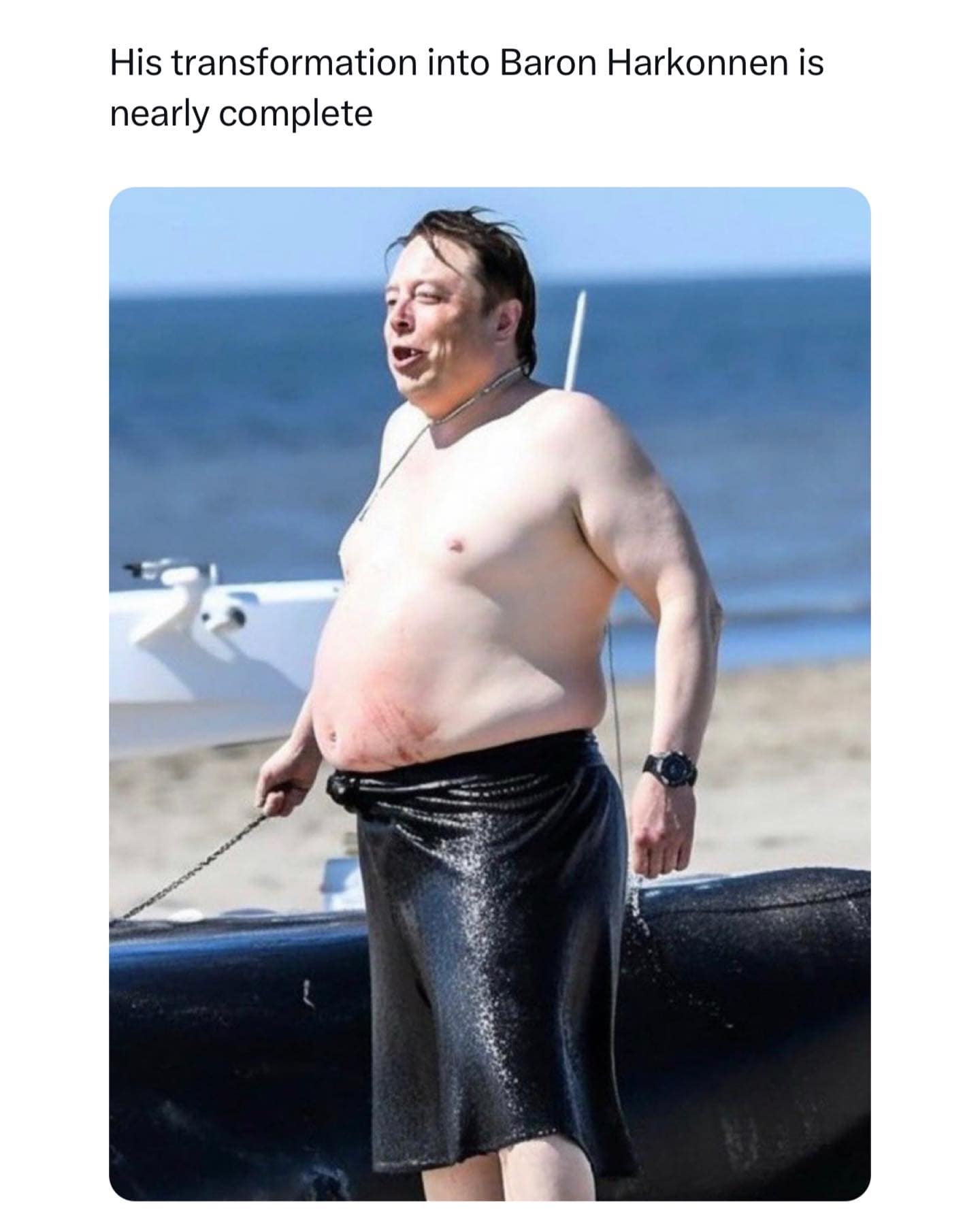 His transformation into Baron Harkonnen is nearly complete