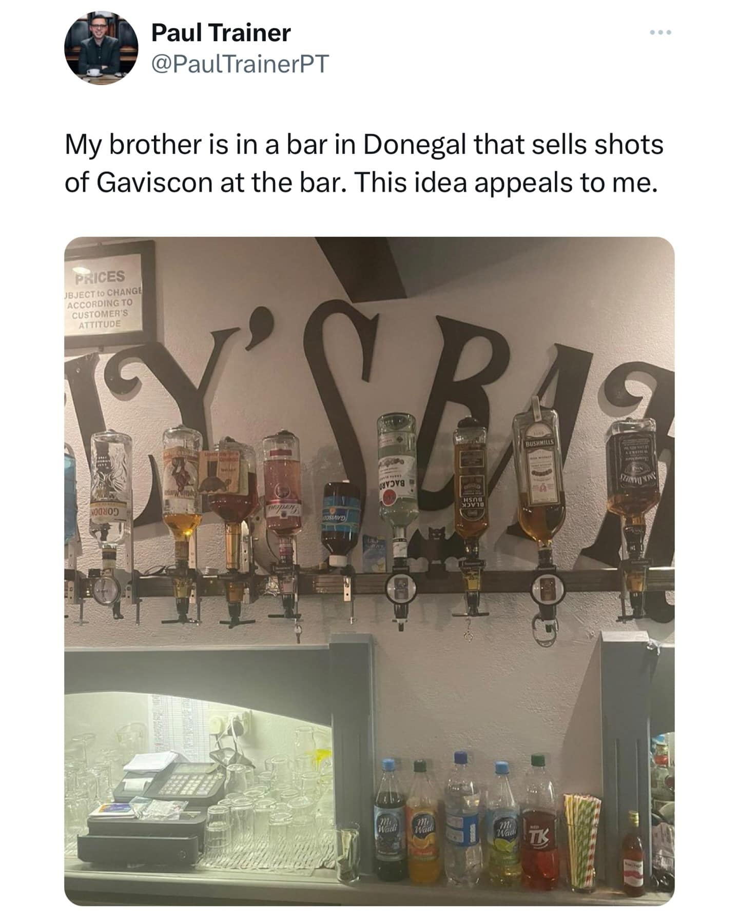 My brother is in a bar in Donegal that sells shots of Gaviscon at the bar. This idea appeals to me.