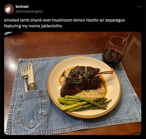 smoked lamb shank over mushroom lemon risotto w/ asparagus featuring my moms jablecloths