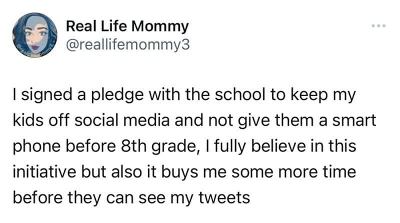 I signed a pledge with the school to keep my kids off social media and not give them a smart phone before 8th grade, I fully believe in this initiative but also it buys me some more time before they can see my tweets