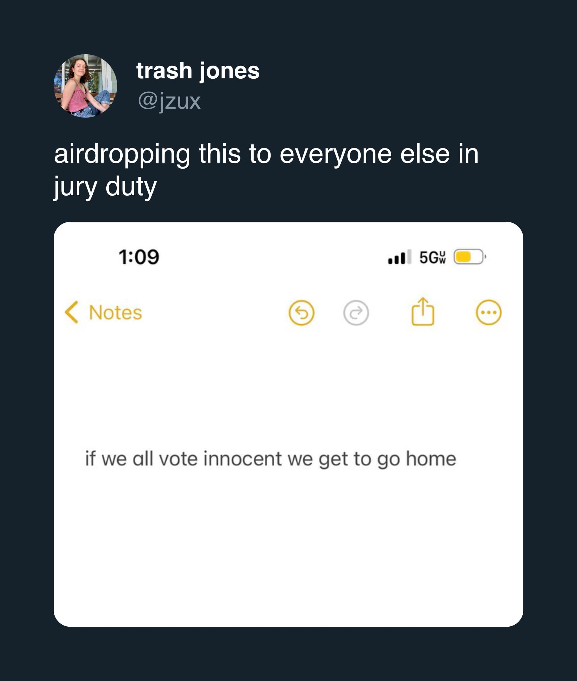 airdropping this to everyone else in jury duty. if we all vote innocent we get to go home