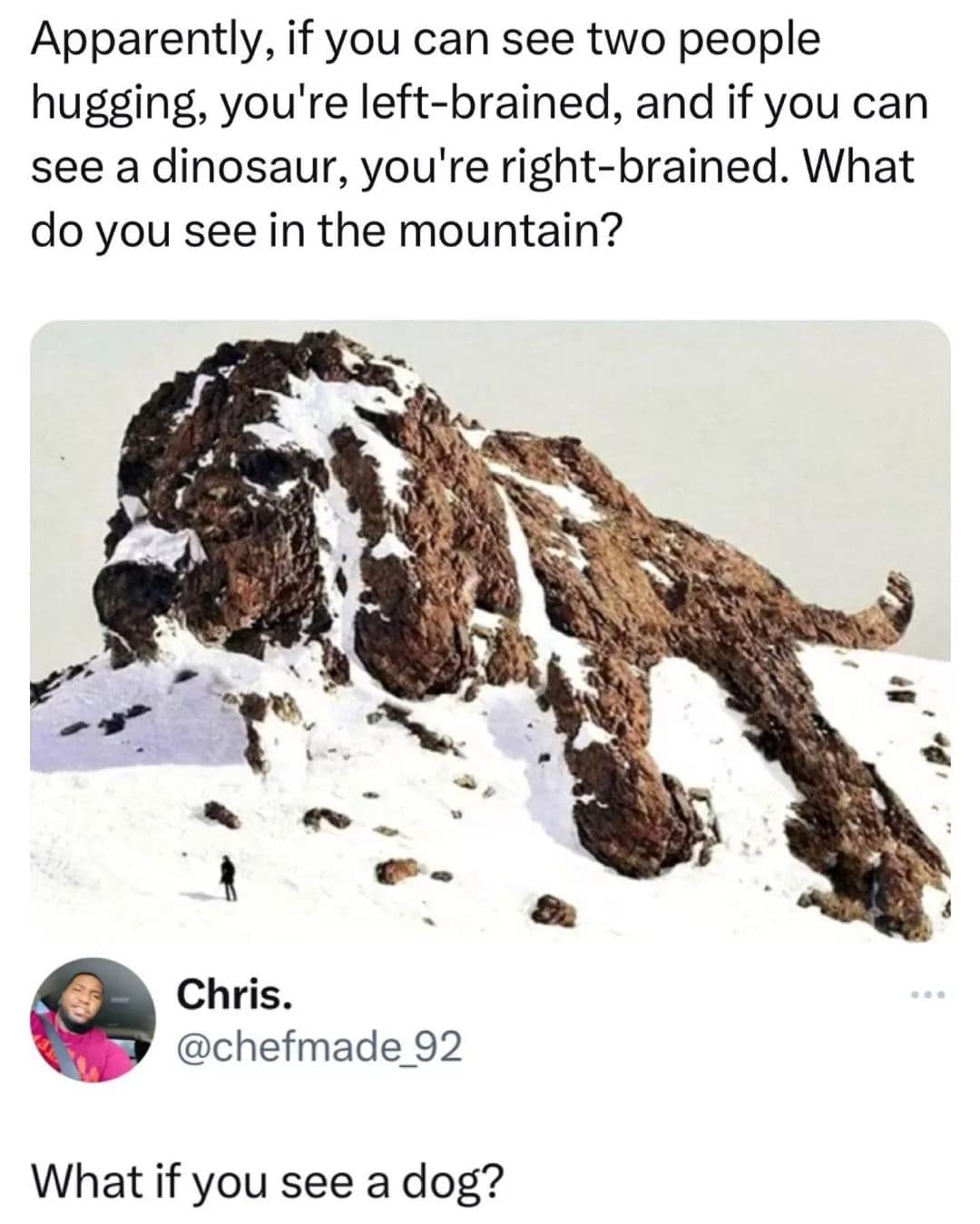 Apparently, if you can see two people hugging, you're left-brained, and if you can see a dinosaur, you're right-brained. What do you see in the mountain?