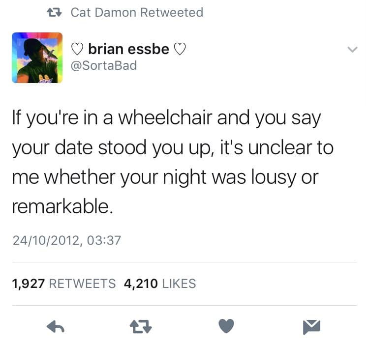 If you're in a wheelchair and you say your date stood you up, it's unclear to me whether your night was lousy or remarkable.