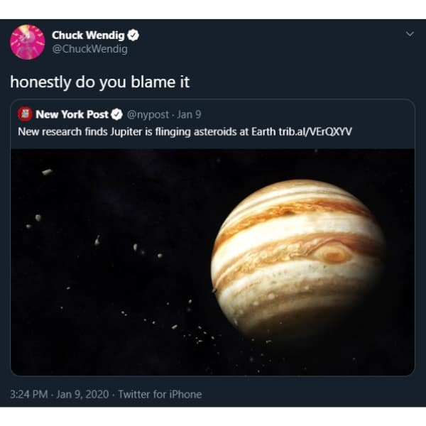 honestly do you blame it. New research finds Jupiter is flinging asteroids at Earth