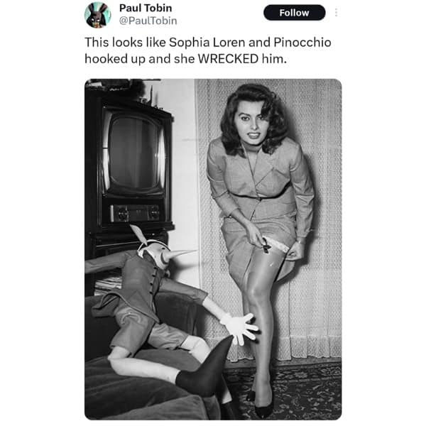 This looks like Sophia Loren and Pinocchio hooked up and she WRECKED him.