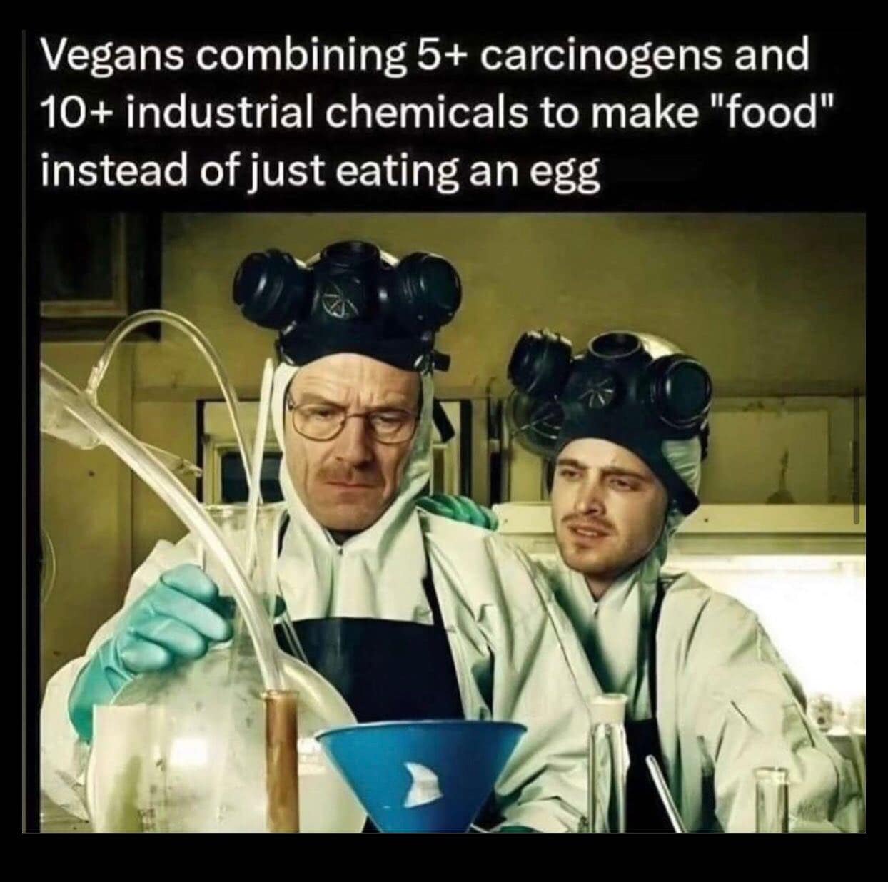 Vegans combining 5+ carcinogens and 10+ industrial chemicals to make "food" instead of just eating an egg