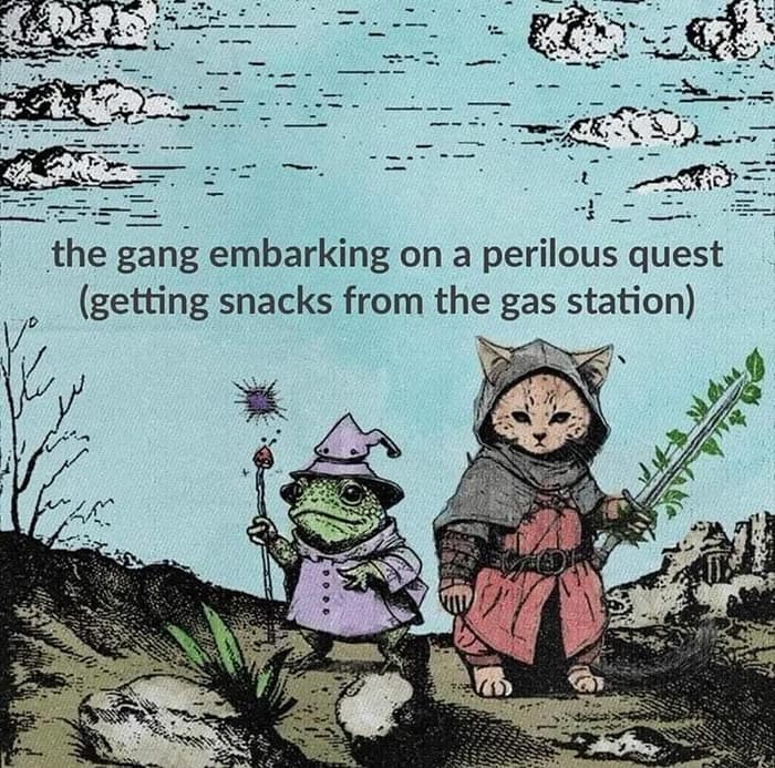 the gang embarking on a perilous quest (getting snacks from the gas station)