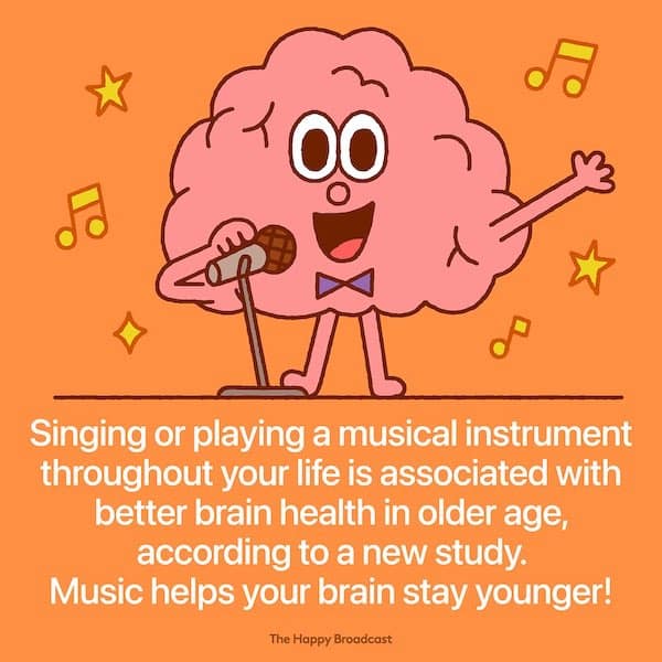 Singing or playing a musical instrument throughout your life is associated with better brain health in older age, according to a new study. Music helps your brain stay younger!