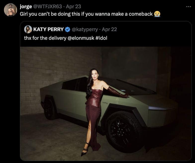 Katy Perry cybertruck memes, katy perry cybertruck, katy perry cybertruck tweet, Celebrity Memes, Cybertruck Memes, Tesla Cybertruck humor, Elon Musk truck jokes, Tesla memes