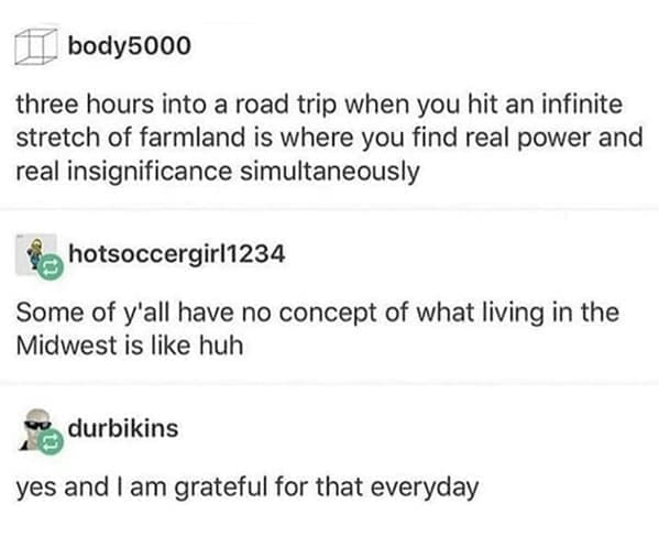 three hours into a road trip when you hit an infinite stretch of farmland is where you find real power and real insignificance simultaneously