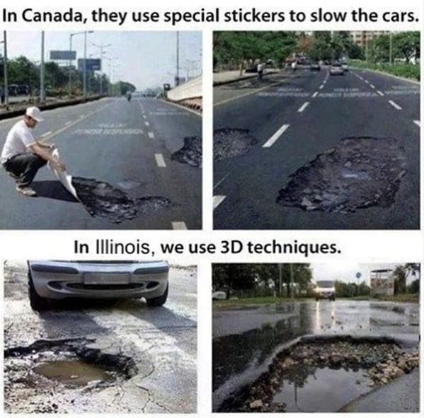 In Canada, they use special stickers to slow the cars. In Illinois, we use 3D techniques.